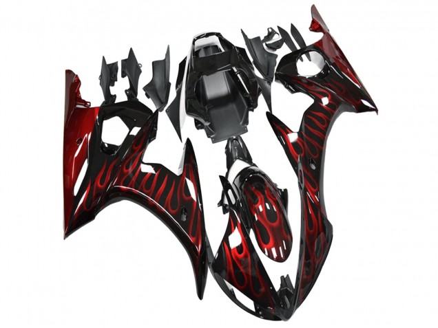 Yamaha YZF R6 Motorrad Verkleidung 2003-2004 - Glanzendes Schwarz Rot Flamme