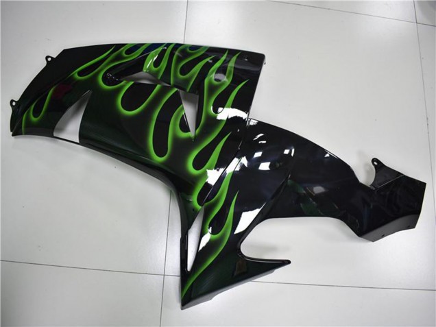 Kawasaki ZX10R Motorrad Verkleidung 2006-2007 - Glanzendes Schwarz Grun Flamme
