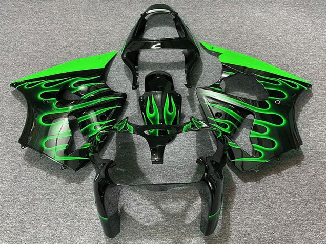 Kawasaki ZX6R Motorrad Verkleidung 2000-2002 - Glanzendes Schwarz Grun Flamme