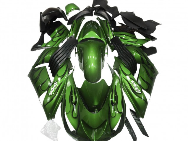 Kawasaki ZX14R Motorrad Verkleidung 2006-2011 - Grun Schwarz Flamme