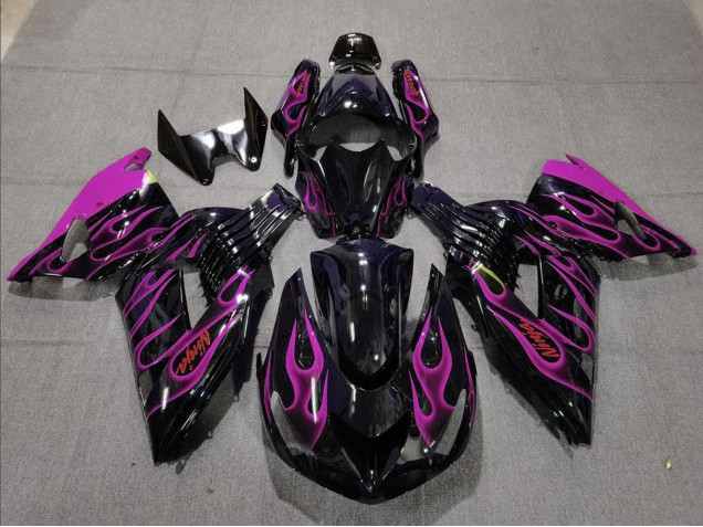 Kawasaki ZX14R Motorrad Verkleidung 2006-2011 - Glanzendes Schwarz Lila Flamme