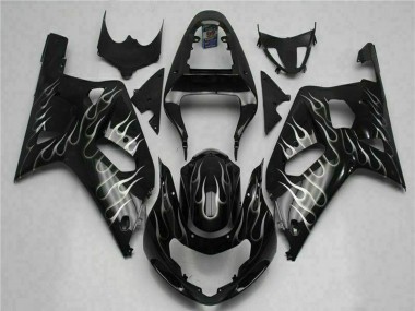 Suzuki GSXR 600/750 Motorrad Verkleidung 2001-2003 - Glanzendes Schwarz Silber Flamme
