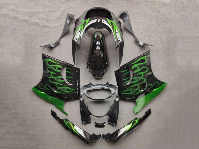 Kawasaki ZZR1100 Motorrad Verkleidung 1993-2003 - Glanzendes Schwarz Grun Flamme