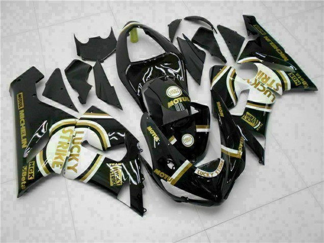 Kawasaki ZX6R Motorrad Verkleidung 2005-2006 - Glanzendes Schwarz Weiss Gold Lucky Strike