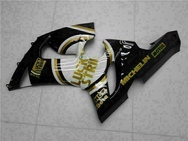 Kawasaki ZX6R Motorrad Verkleidung 2005-2006 - Glanzendes Schwarz Weiss Gold Lucky Strike