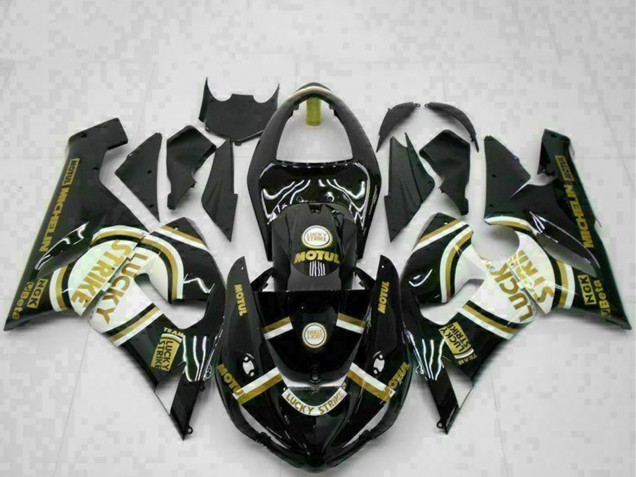 Kawasaki ZX6R Motorrad Verkleidung 2005-2006 - Glanzendes Schwarz Weiss Gold Lucky Strike