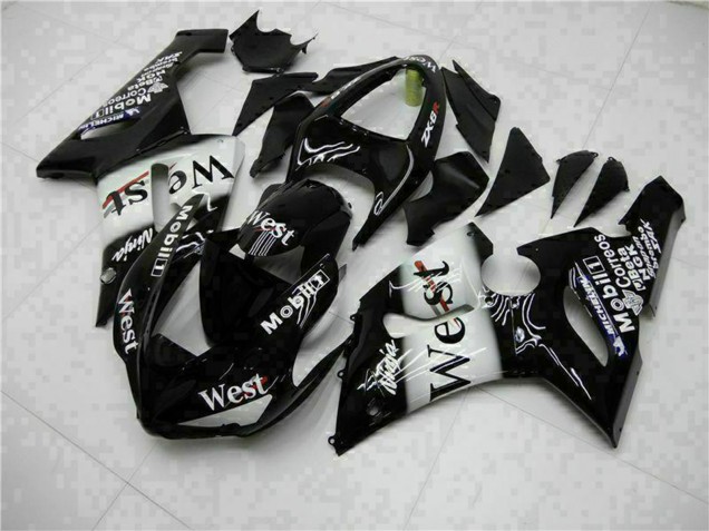 Kawasaki ZX6R Motorrad Verkleidung 2005-2006 - Glanzendes Schwarz Weiss West