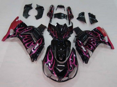 Kawasaki ZX14R ZZR1400 Motorrad Verkleidung 2006-2011 - Glanzendes Schwarz Rot Rosa Flamme
