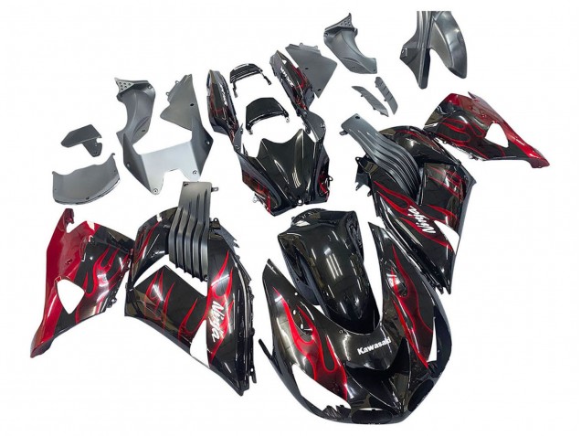Kawasaki ZX14R ZZR1400 Motorrad Verkleidung Kit 2006-2011 - Glanzendes Schwarz Rot Flamme