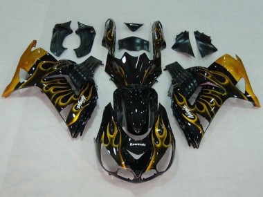 Kawasaki ZX14R ZZR1400 Motorrad Verkleidung 2006-2011 - Glanzendes Schwarz Gold Flamme