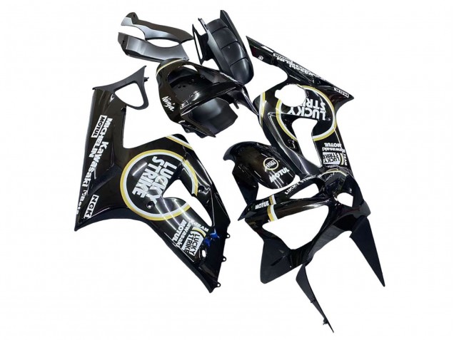Kawasaki ZX6R Motorrad Verkleidung 2003-2004 - Glanzendes Schwarz Weiss Motul Lucky Strike