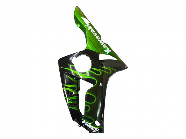 Kawasaki ZX6R Motorrad Verkleidung 2003-2004 - Glanzendes Schwarz Grun Flamme
