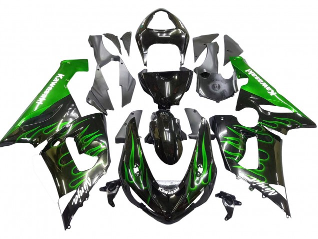 Kawasaki ZX6R Motorrad Verkleidung 2005-2006 - Glanzendes Schwarz Grun Flamme