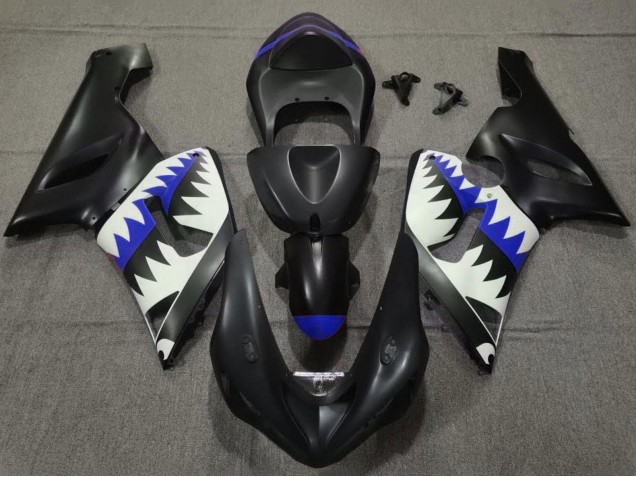 Kawasaki ZX6R Motorrad Verkleidung 2005-2006 - Matt Schwarz Weiss Blau Hai