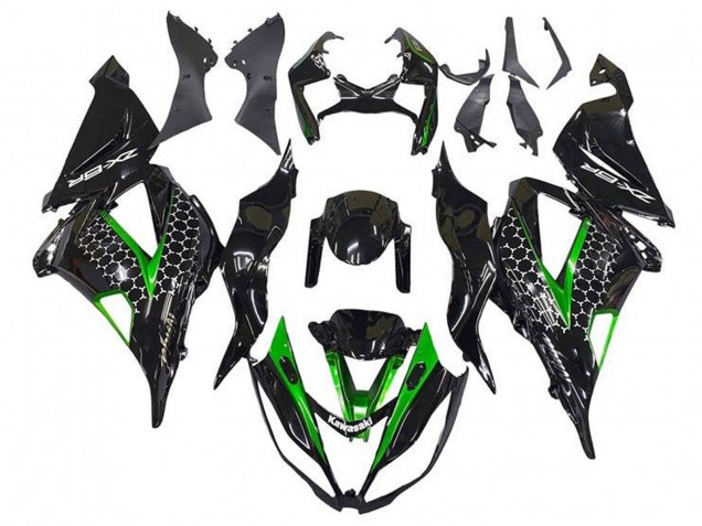Kawasaki ZX6R Motorrad Verkleidung 2013-2018 - Glanzendes Schwarz Grun Weiss Bienenwabe