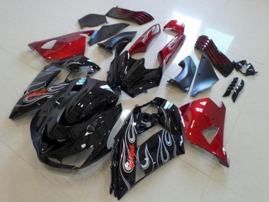 Kawasaki ZX14R ZZR1400 Motorrad Verkleidung 2006-2011 - Rot Glanzendes Schwarz Silber Flamme