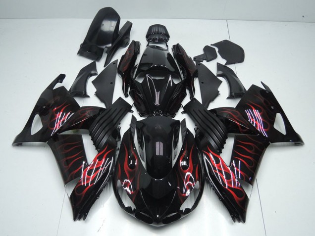 Kawasaki ZX14R ZZR1400 Motorrad Verkleidung 2006-2011 - Glanzendes Schwarz Rot Flamme