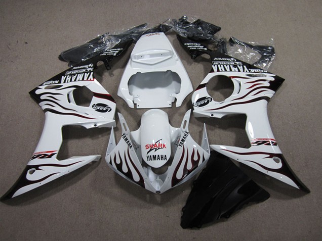 Yamaha YZF R6 Motorrad Verkleidung 2003-2004 - Weiss Glanzendes Schwarz Flamme Hai