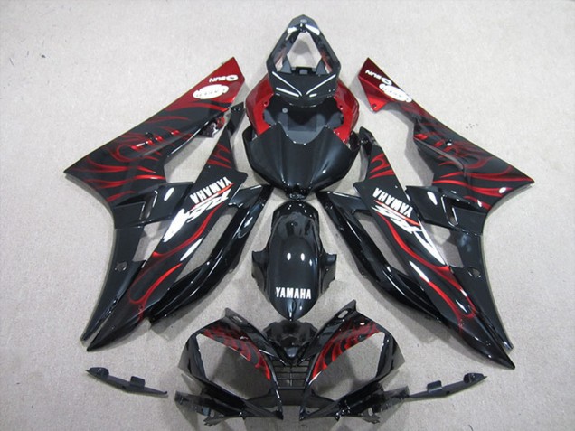 Yamaha YZF R6 Motorrad Verkleidung 2006-2007 - Glanzendes Schwarz Rot Flamme