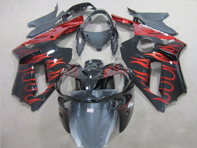 Kawasaki ZX6R Motorrad Verkleidung 2007-2008 - Schwarz Rot Flamme