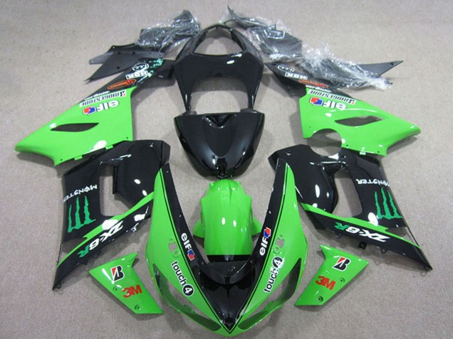 Kawasaki ZX6R Motorrad Verkleidung 2005-2006 - Glanzendes Schwarz Grun Elf Touch4 Bridgestone Monster
