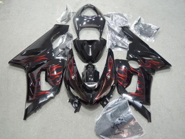 Kawasaki ZX6R Motorrad Verkleidung 2005-2006 - Glanzendes Schwarz Rot Flamme