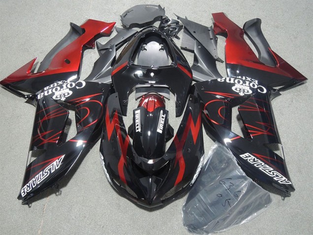 Kawasaki ZX10R Motorrad Verkleidung 2006-2007 - Glanzendes Schwarz Rot Flamme Alstare Corona Extra