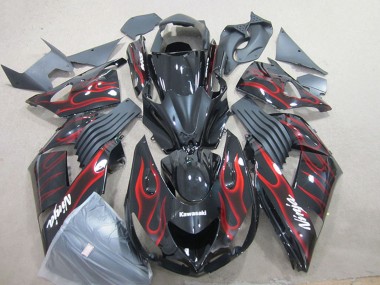 Kawasaki ZX14R ZZR1400 Motorrad Verkleidung 2006-2011 - Glanzendes Schwarz Rot Flamme