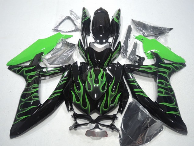 Suzuki GSXR 600 Motorrad Verkleidung 2008-2010 - Glanzendes Schwarz Grun Flamme